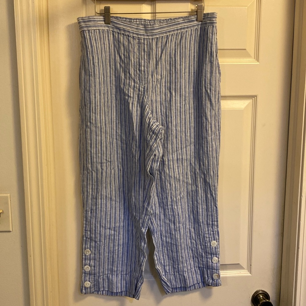 Chico’s  linen capris pants with blue vertical stripes size 12